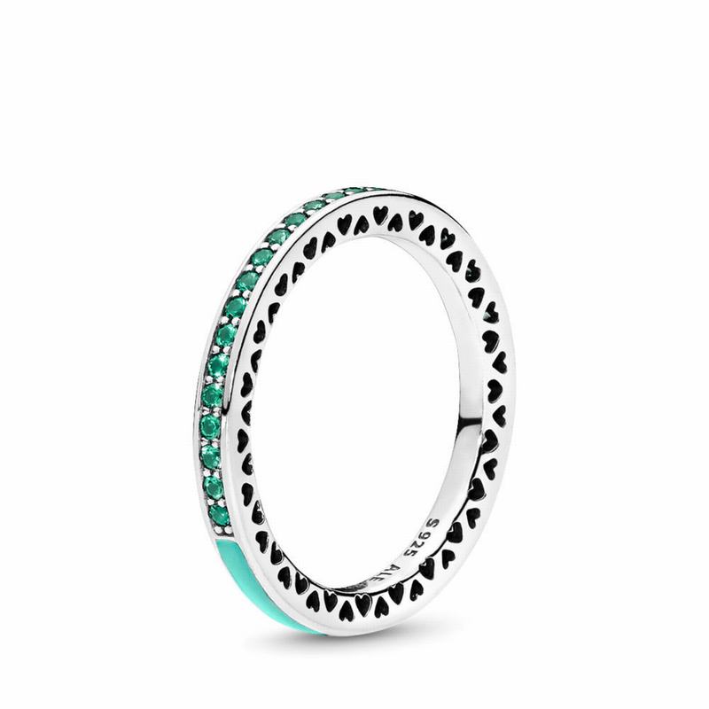 Pandora Radiant Hearts Stackable Ring - Sterling Silver/Enamel/Green/Crystal - Canada | GK7395CM